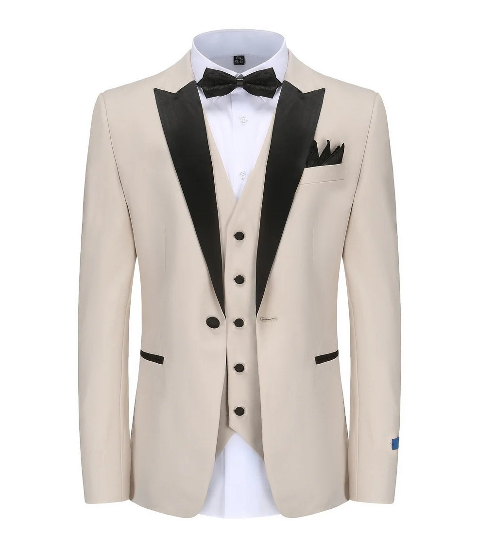 Light Beige Slim Fit Tuxedo with Black Satin Lapel
