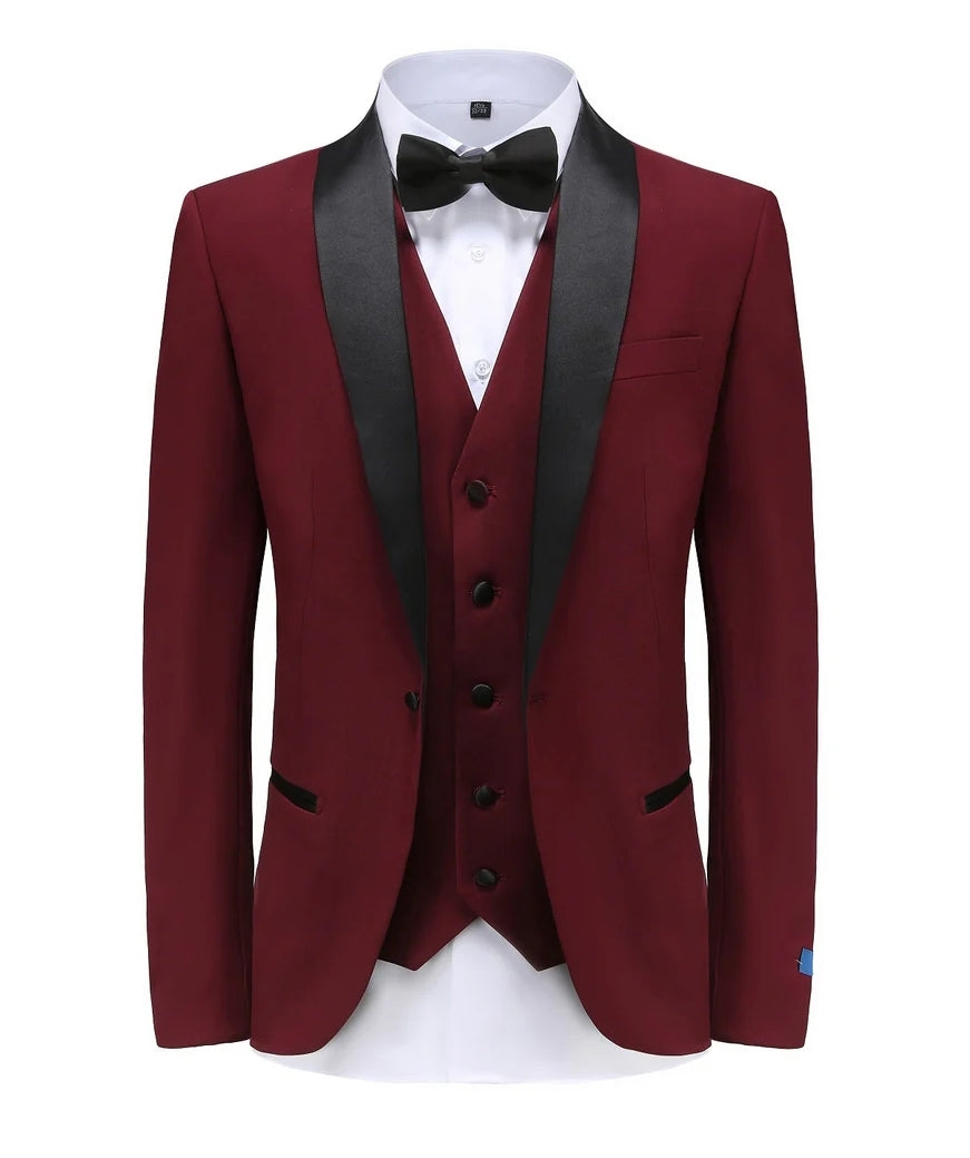 Men’s Burgundy Slim Fit Tuxedo with Black Satin Lapel