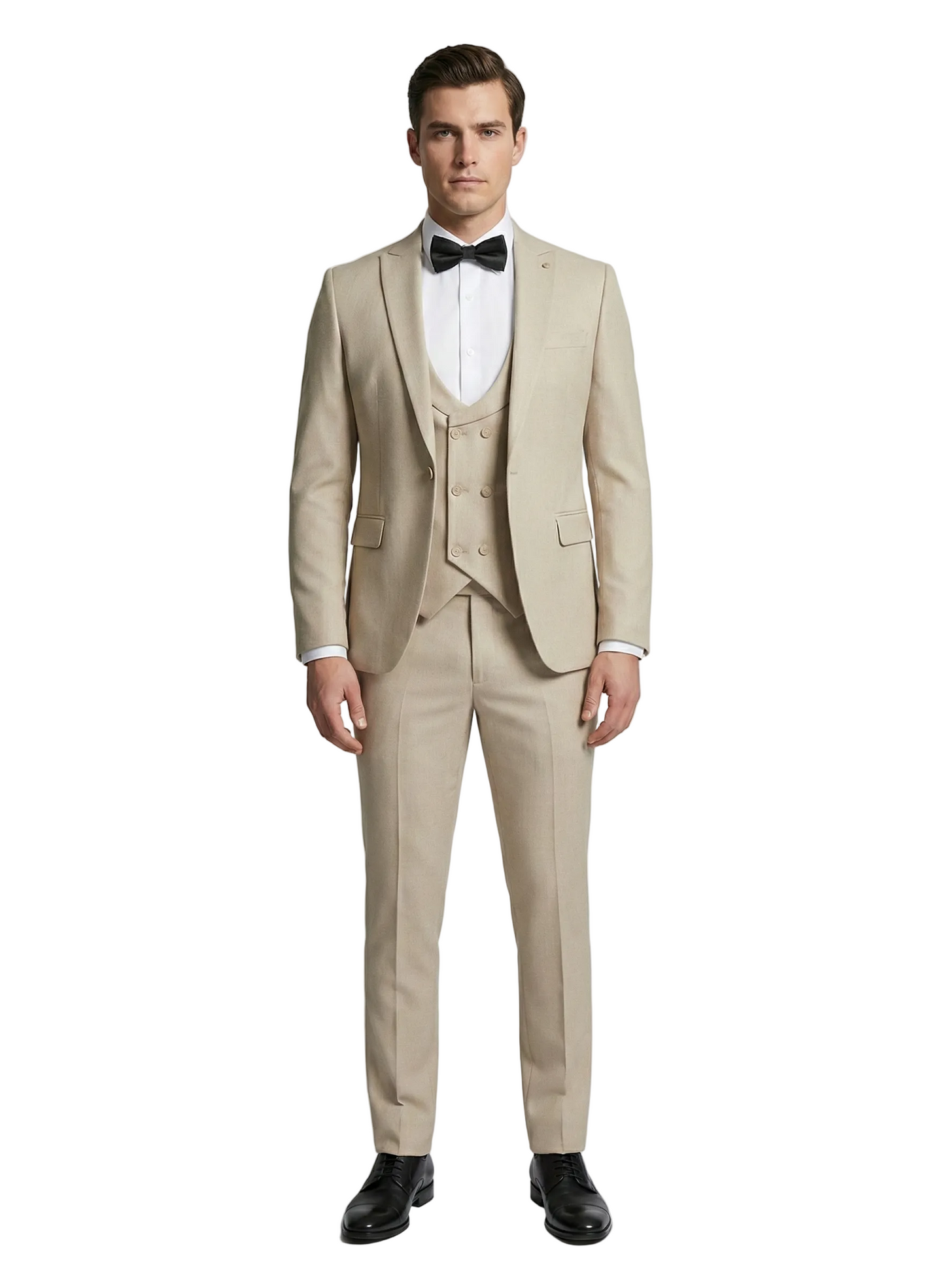 Man wearing a beige suit with a white shirt and black bow tie on a light gray background