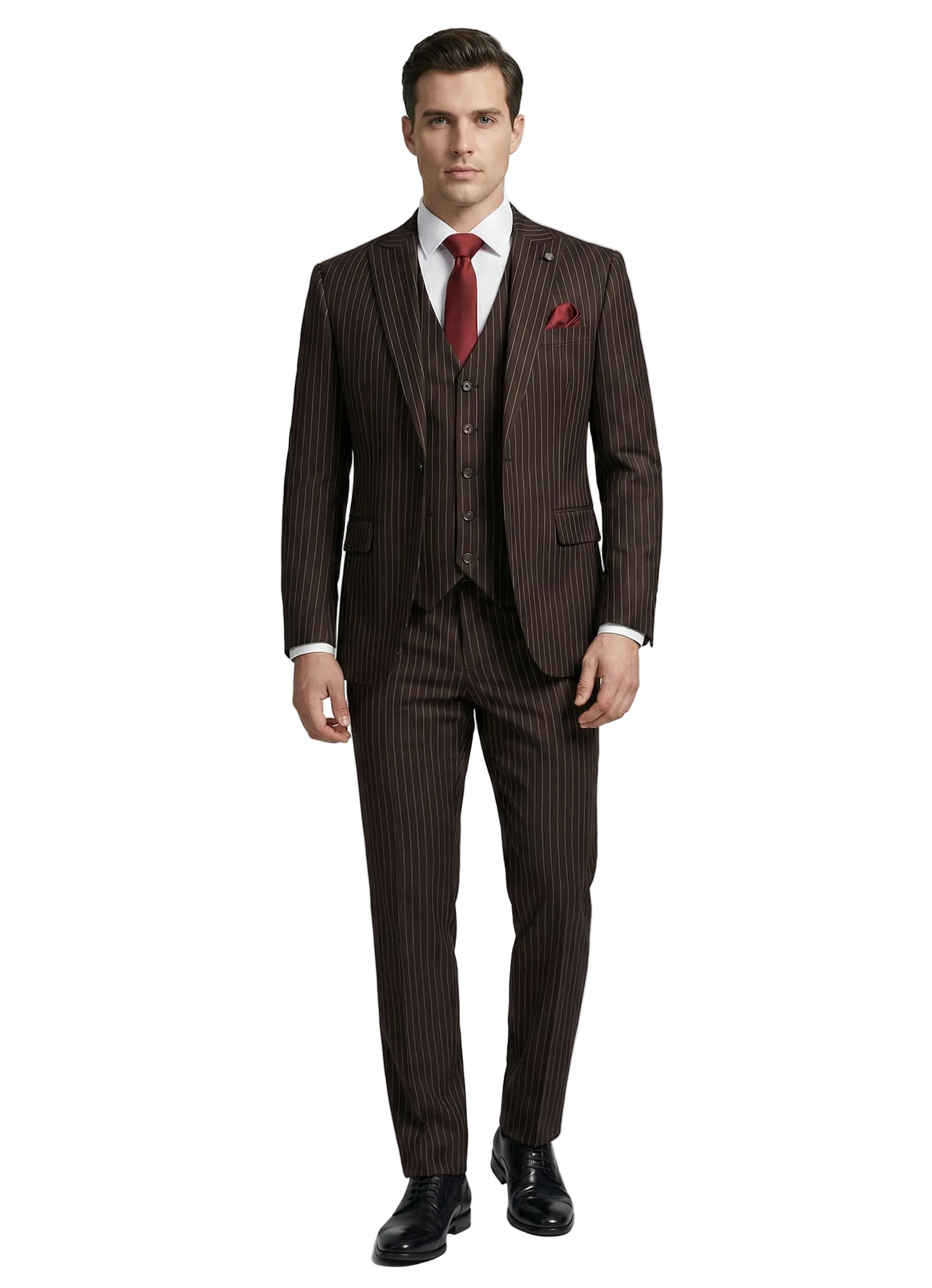 Man wearing a brown pinstripe suit with a red tie on a white background