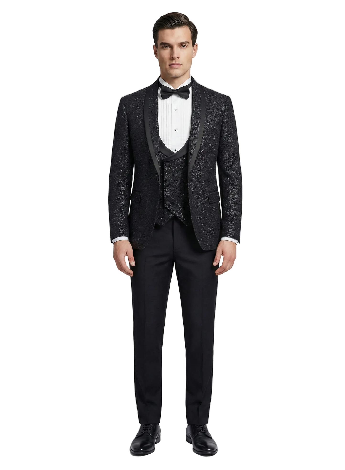 Man wearing a black tuxedo with a white shirt and bow tie on a light gray background