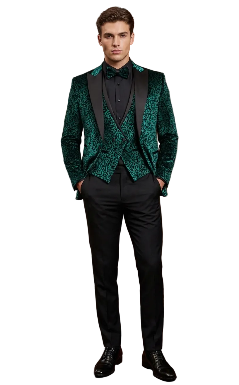 Man in a green velvet suit standing in a room with wooden paneling and books.