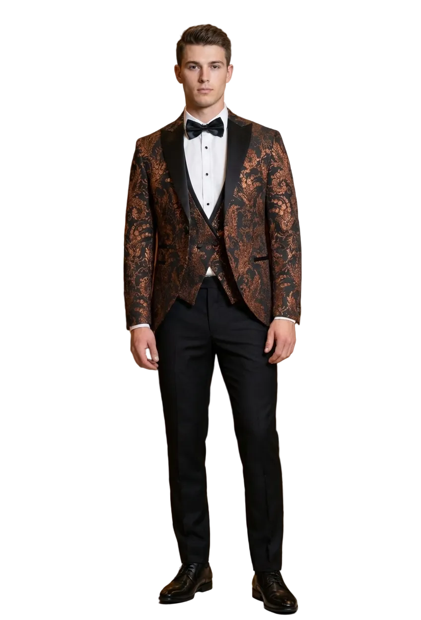 Man wearing a patterned suit in an elegant room.