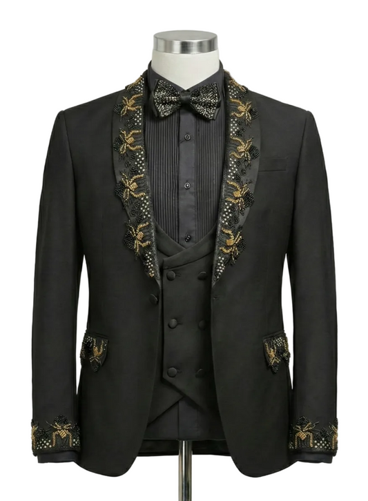 The Imperium Slim Fit Tuxedo- Black & Gold Embroidered Prom Tuxedo