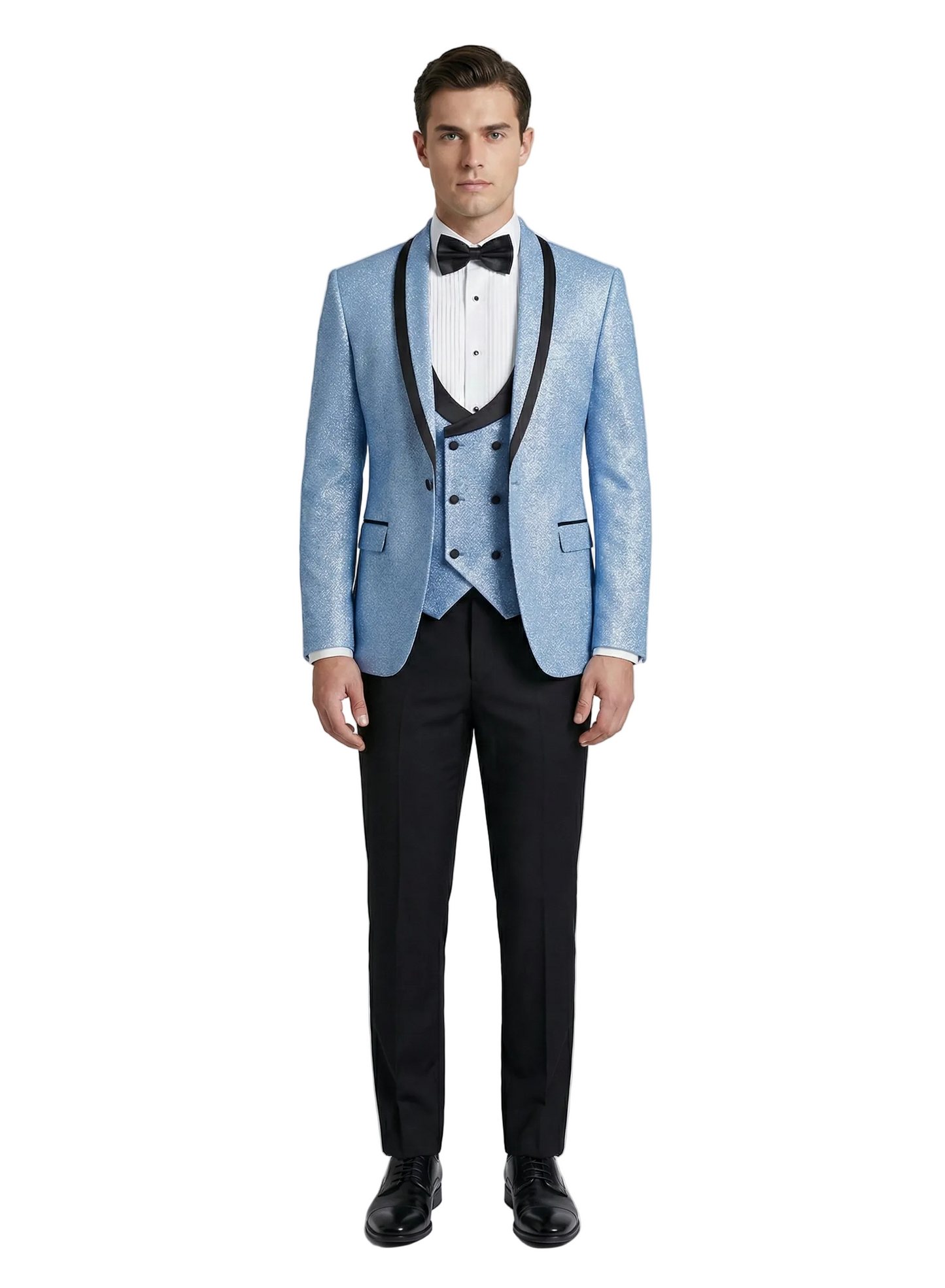 Man wearing a light blue tuxedo with black lapels on a white background