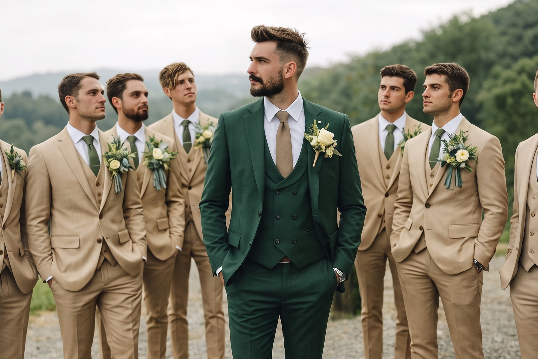 A group of men standing outdoors on a gravel path, with one man in the center wearing a dark green three-piece suit and the others wearing light beige suits with green ties and floral boutonnieres.