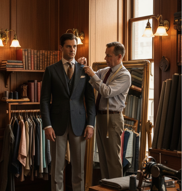 A man in a navy blue suit and light gray trousers stands on a small platform in a traditional wood-paneled tailoring shop, while another man adjusts his jacket. The room features bookshelves, hanging garments, a mirror, and warm lighting.
