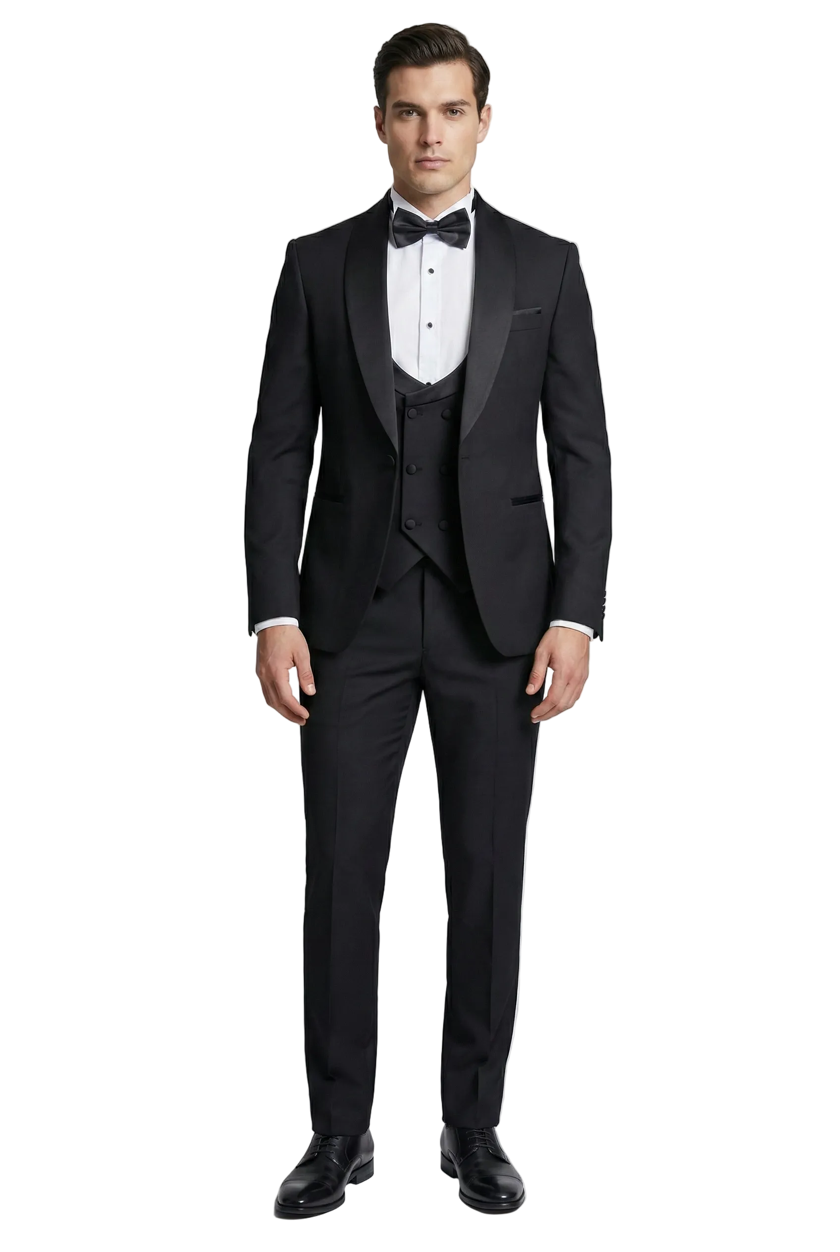 Man wearing a black tuxedo with a white shirt and bow tie on a gray background