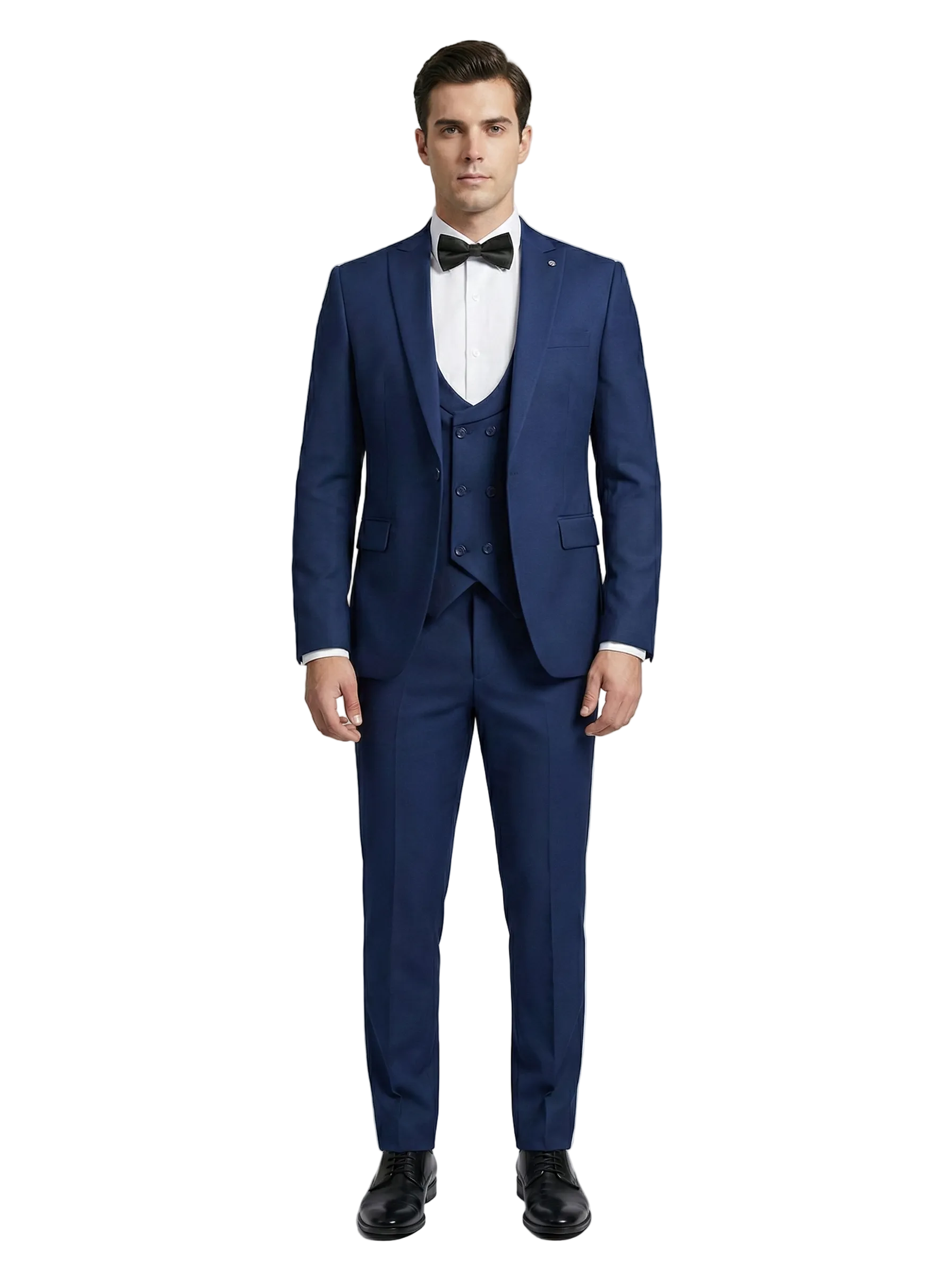 Man wearing a blue suit with a white shirt and black bow tie on a white background