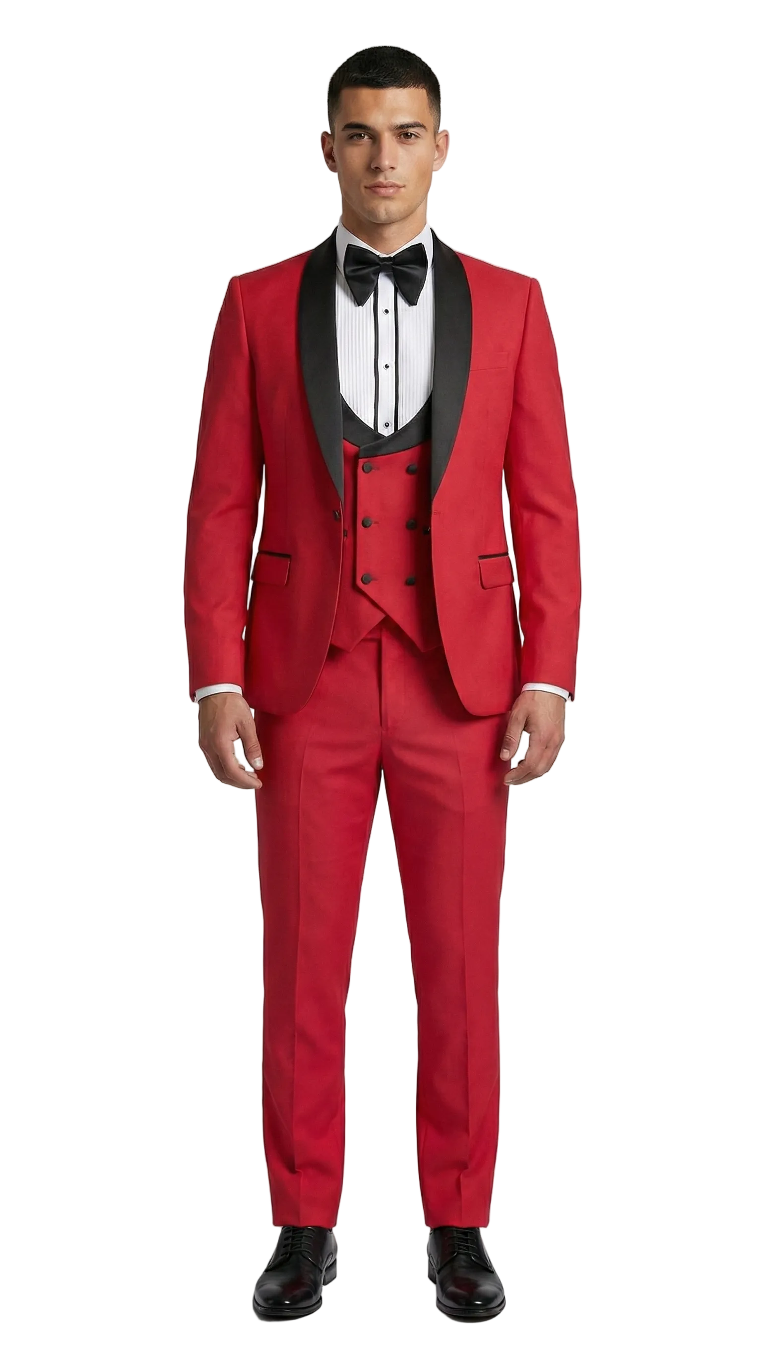 Man wearing a red suit with a black bow tie on a gray background