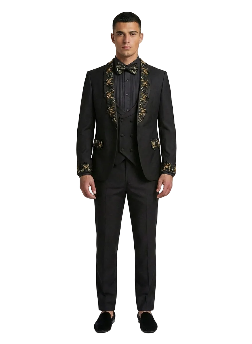 The Imperium Slim Fit Tuxedo- Black & Gold Embroidered Prom Tuxedo