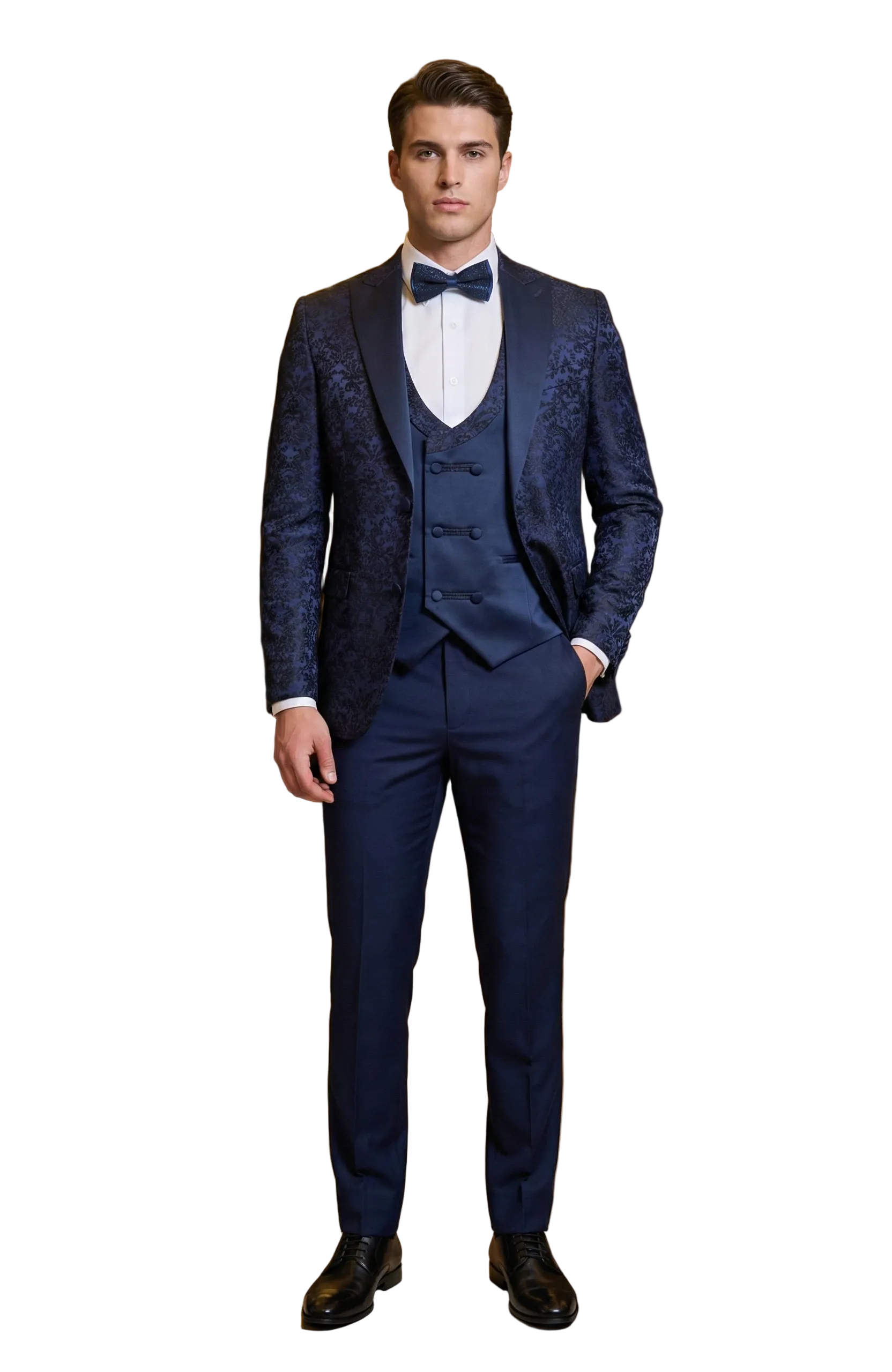 Man wearing a blue suit in an elegant interior setting