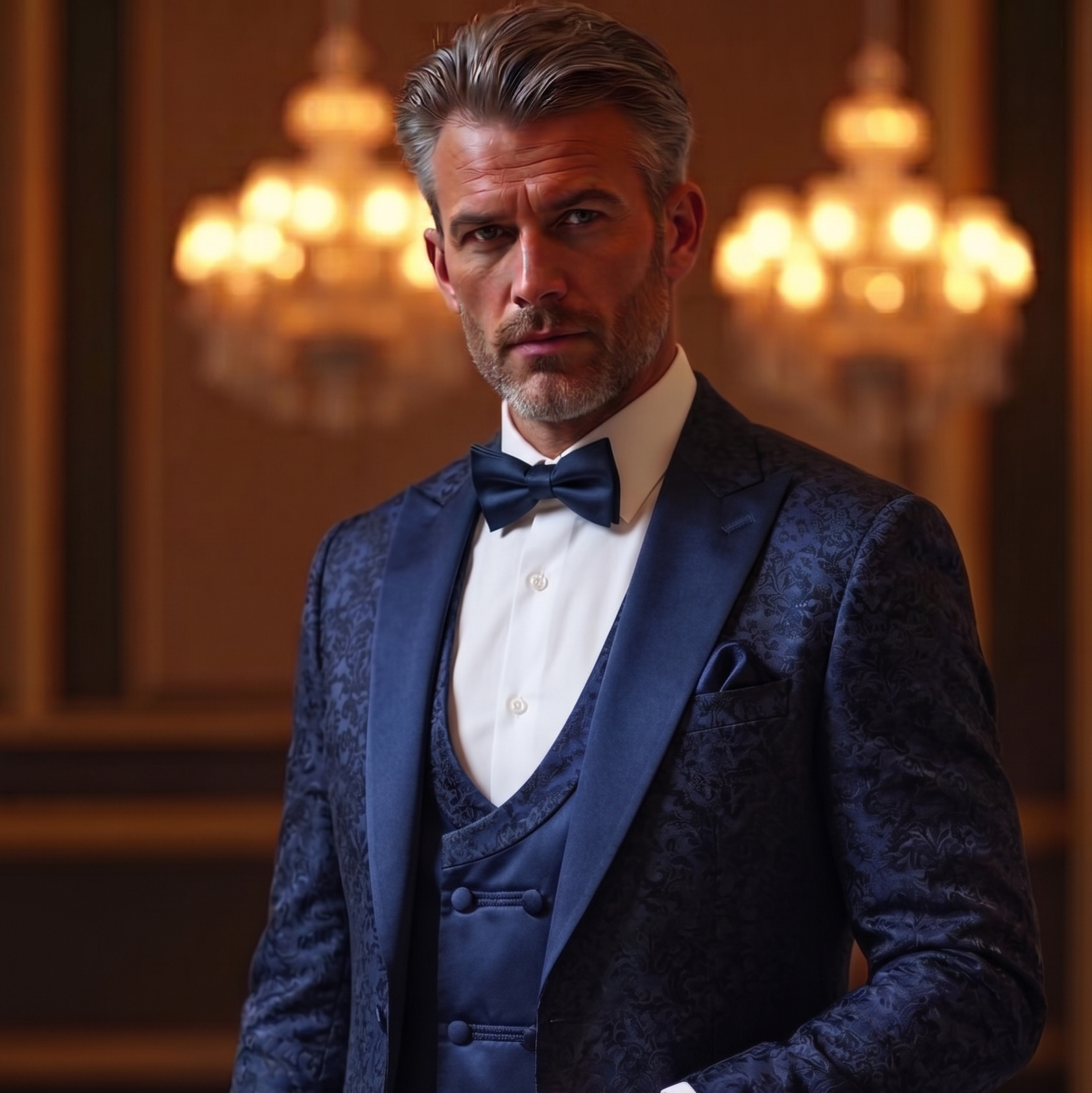 A man wearing a dark navy blue patterned three-piece tuxedo with a white dress shirt, matching navy bow tie, and pocket square, standing in a grand hall with warm chandeliers in the background.