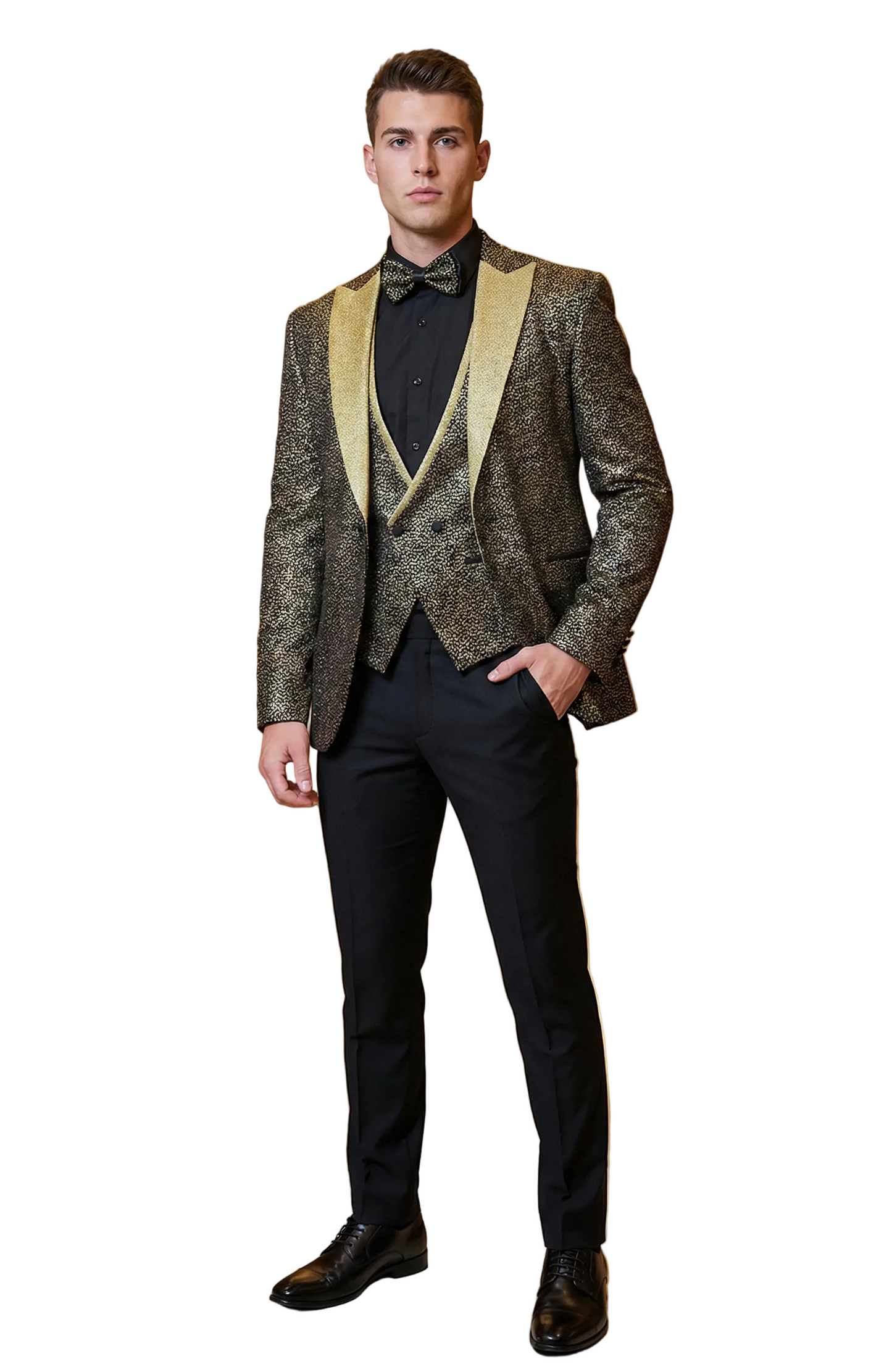 Man in a formal suit standing in an elegant interior setting