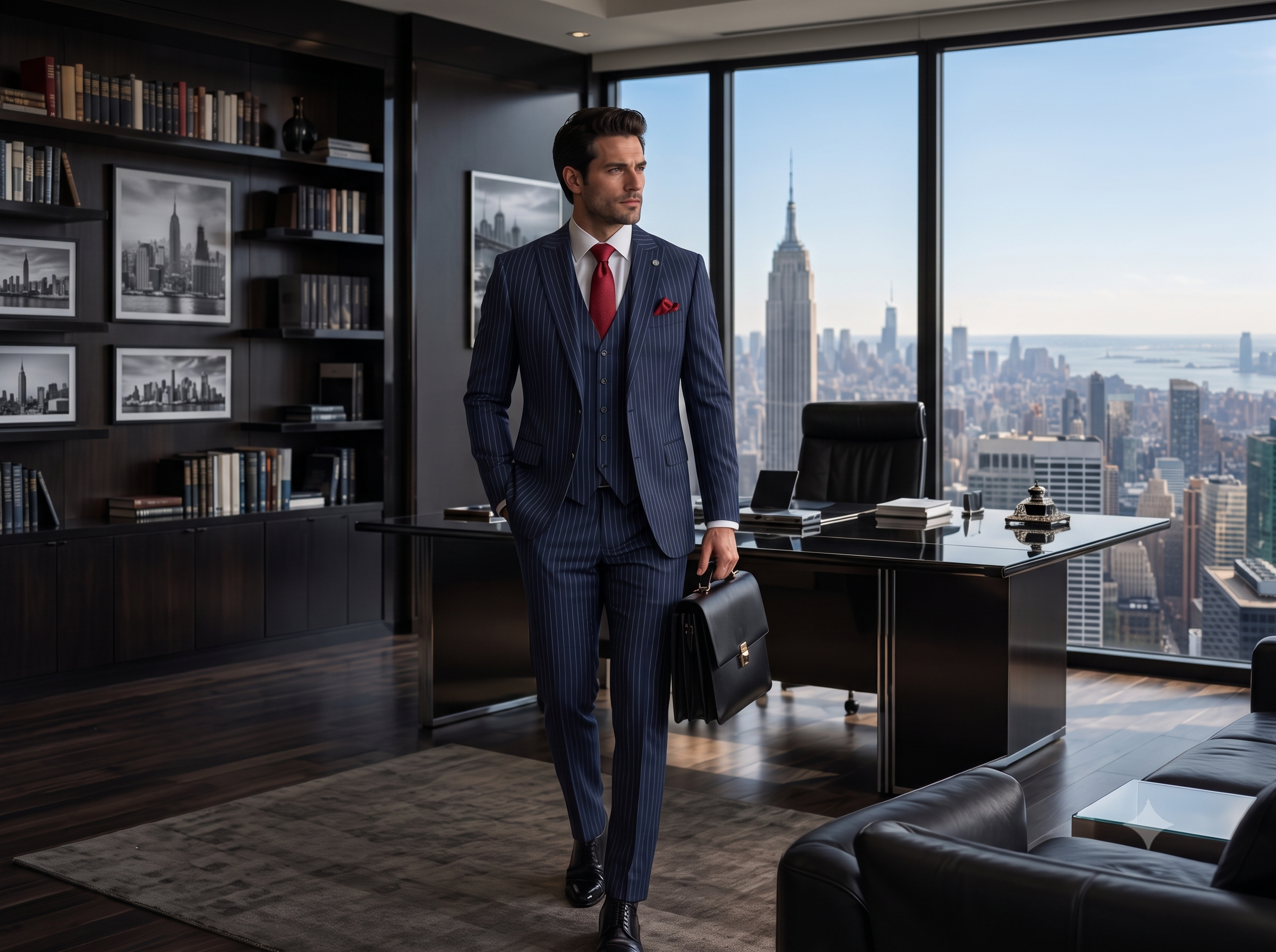 A man in a navy blue pinstripe three-piece suit walks into a modern office with a city skyline view. He is holding a black briefcase.