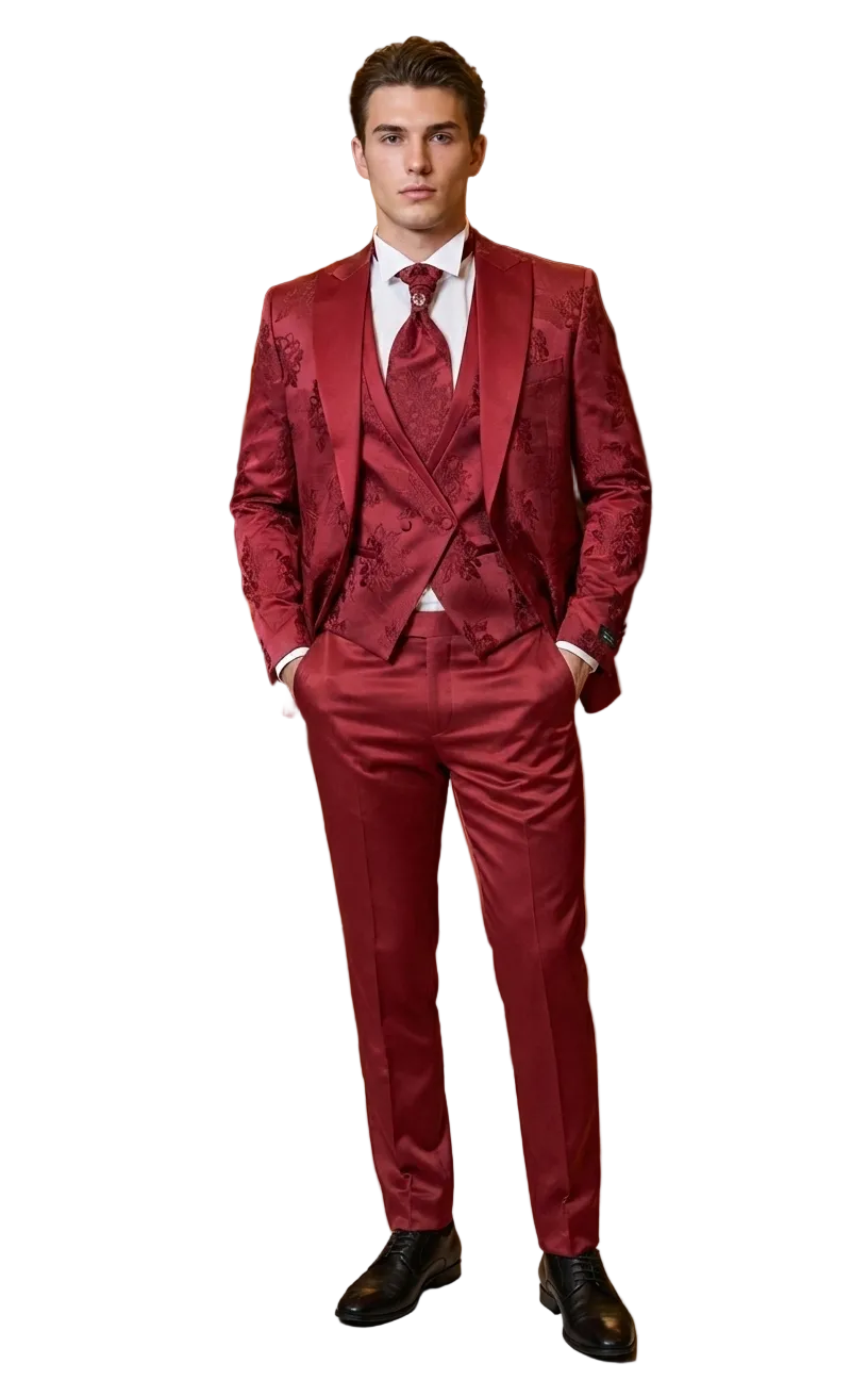 Man wearing a red suit with a white shirt and tie on a white background