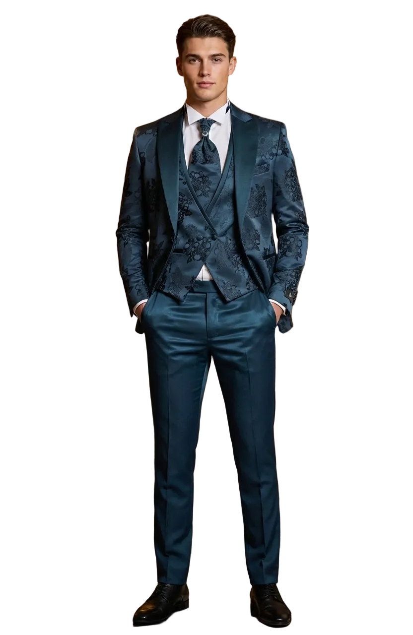 Man in a blue suit standing in an elegant interior setting