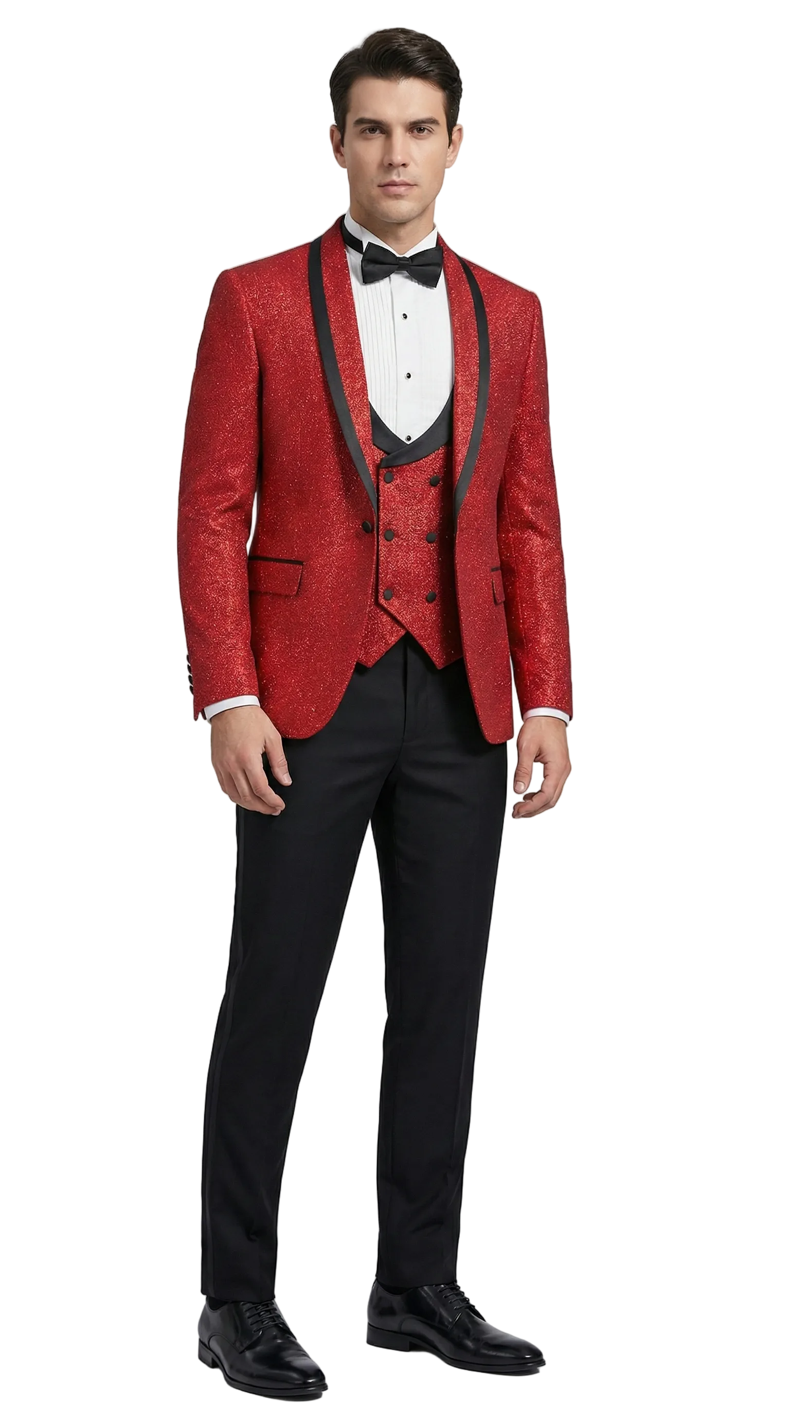Man wearing a red suit with black lapels and black bow tie on a gray background
