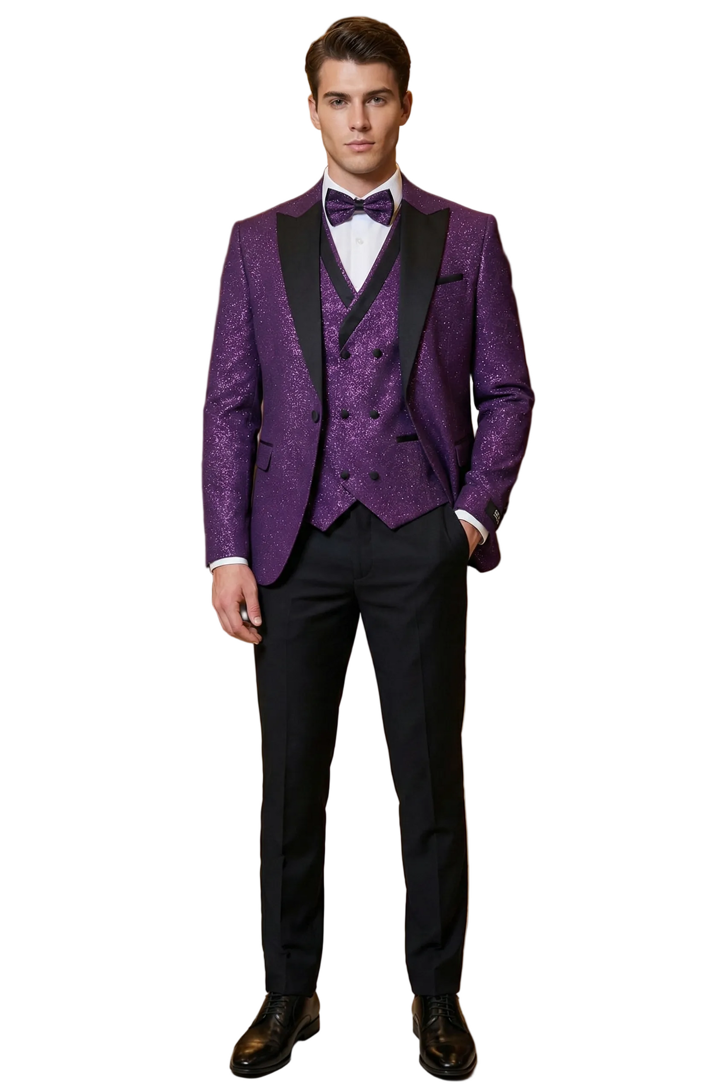 Man in a purple suit standing in a luxurious room with chandelier