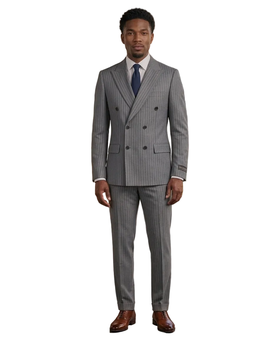 A man wearing a gray double-breasted pinstripe suit with a white shirt and navy tie, standing in a modern loft office setting with wood paneling, brick walls, and leather chairs.