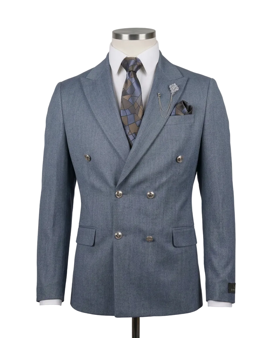 A men's double-breasted suit jacket in a textured slate blue fabric, displayed on a mannequin torso with a white dress shirt, a patterned blue and brown tie, and a matching pocket square against a neutral gray background.