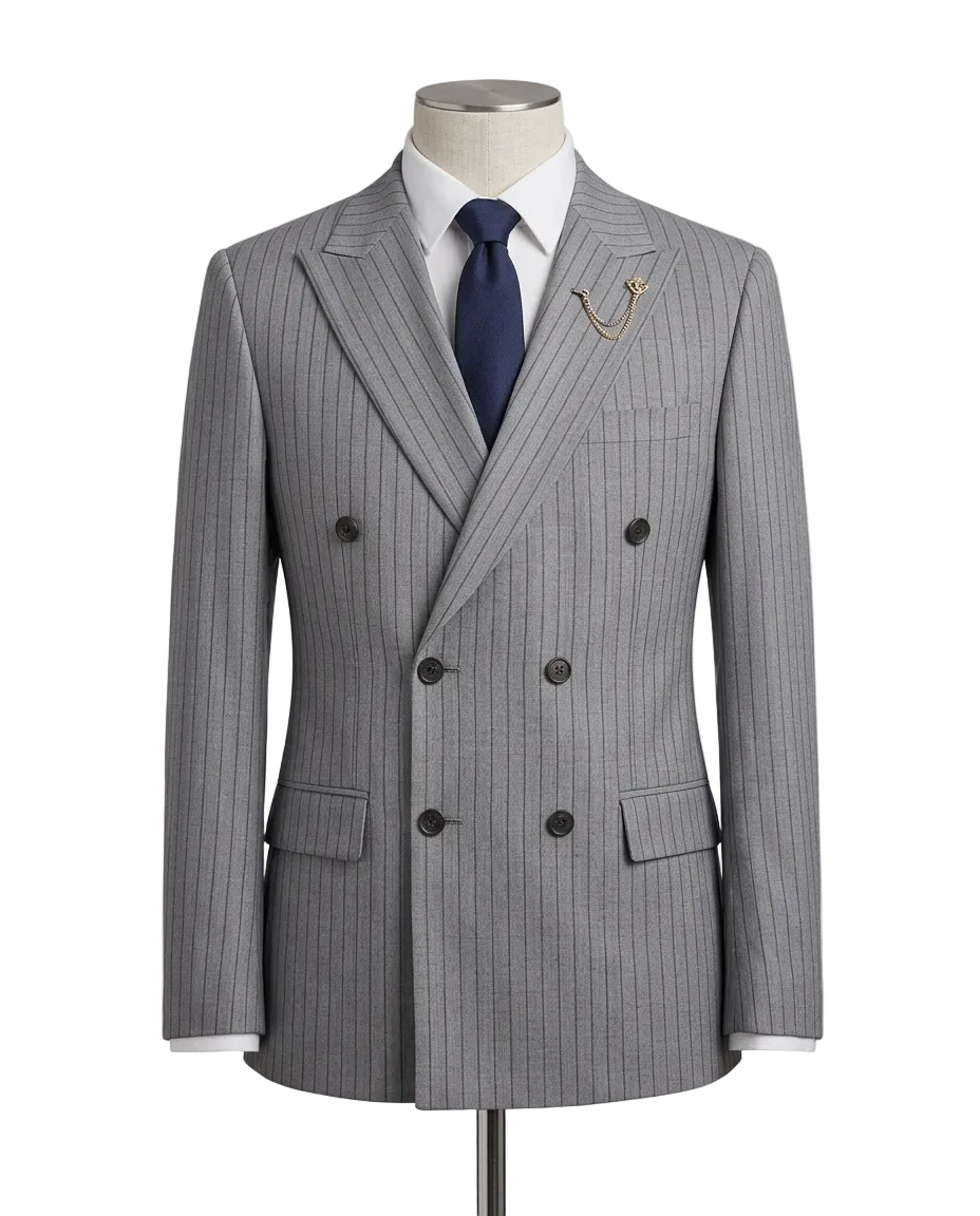 A gray double-breasted pinstripe suit jacket displayed on a mannequin torso, styled with a white dress shirt, navy blue tie, and a gold pocket watch chain.