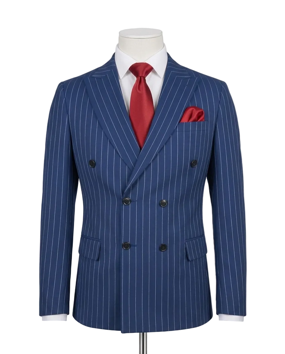 A blue double-breasted pinstripe suit jacket displayed on a mannequin torso, styled with a white dress shirt, a red tie, and a matching red pocket square against a light gray background.