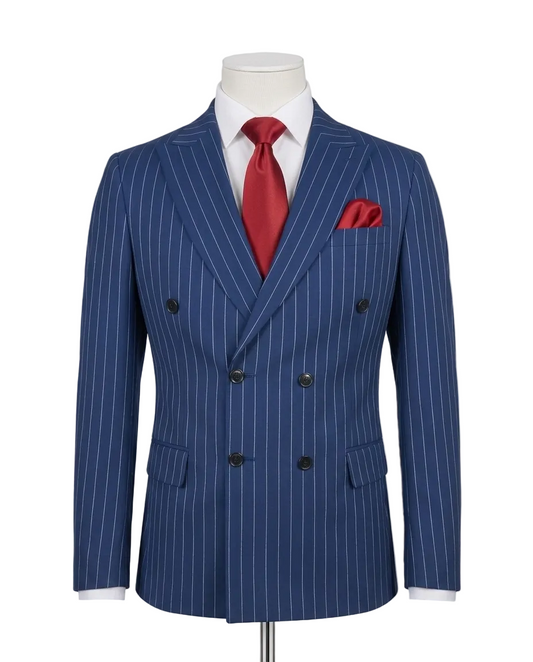 A blue double-breasted pinstripe suit jacket displayed on a mannequin torso, styled with a white dress shirt, a red tie, and a matching red pocket square against a light gray background.
