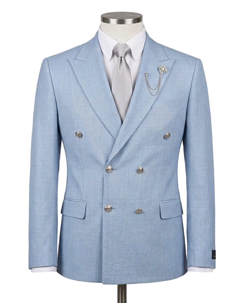 A light blue double-breasted suit jacket displayed on a mannequin torso, styled with a white dress shirt, light gray tie, and a silver chain brooch on the lapel, against a neutral gray background.