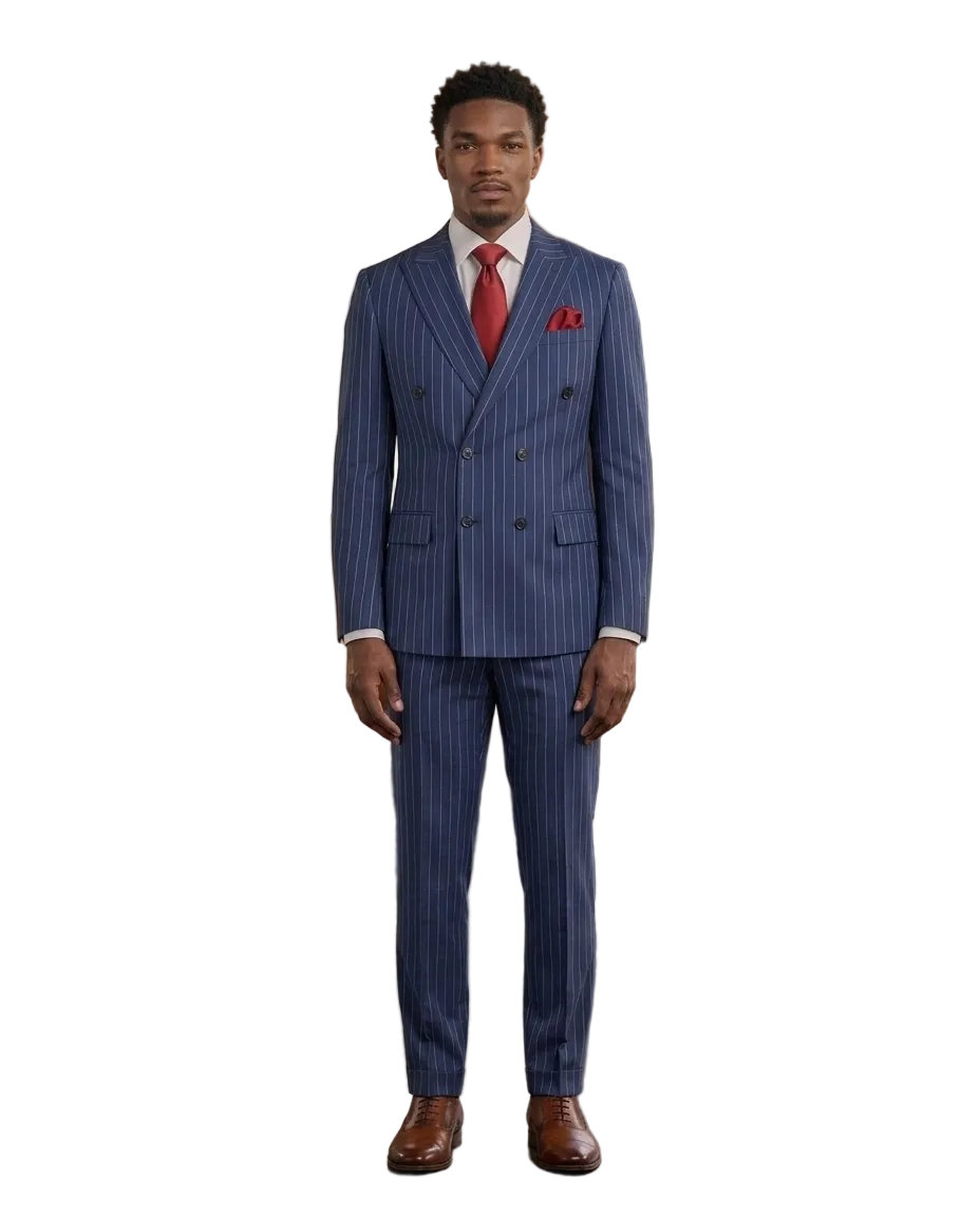 A man wearing a blue pinstripe double-breasted suit with a red tie and red pocket square, standing in a modern loft-style room with wood paneling, brick walls, and large windows.