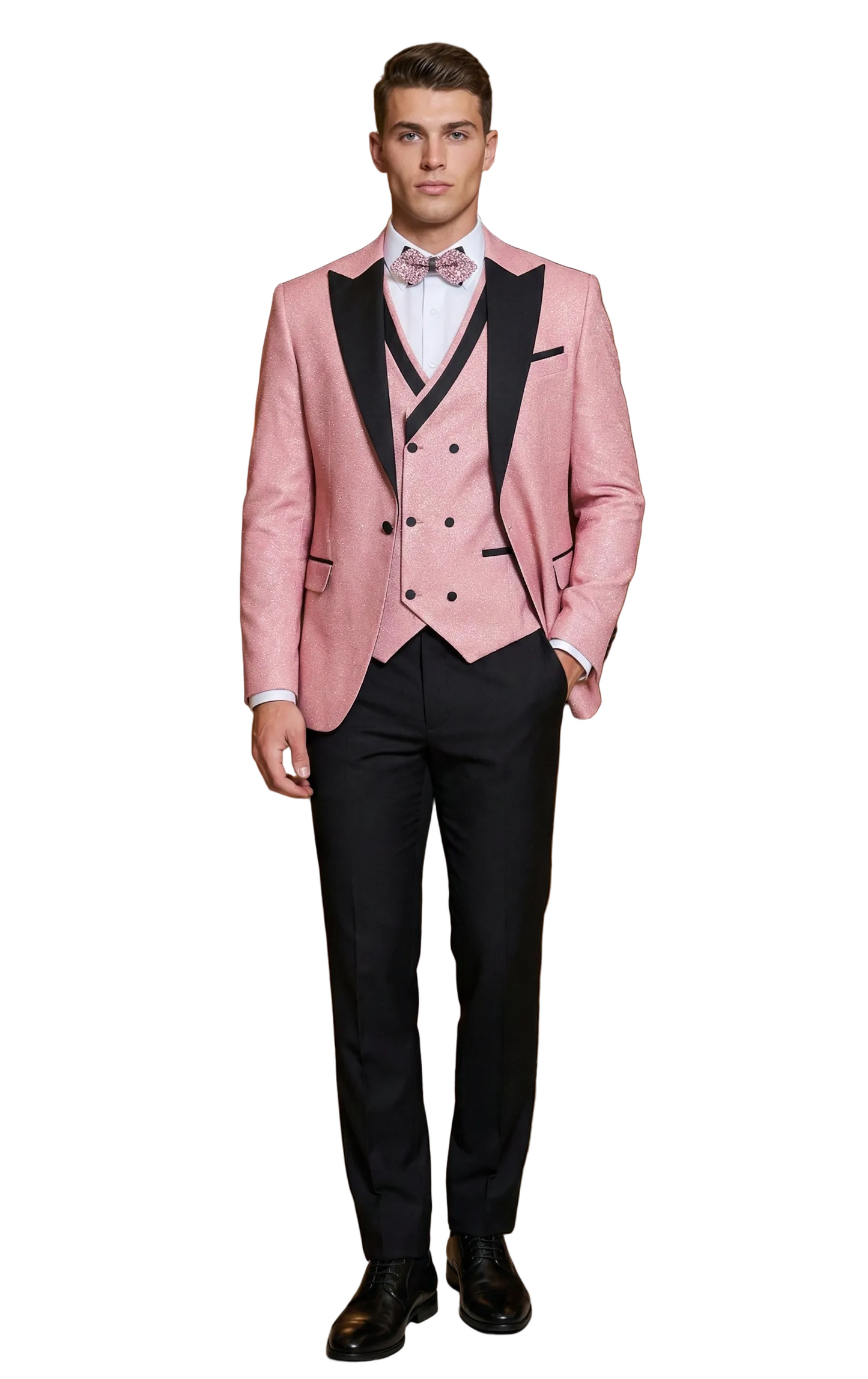 Man wearing a pink blazer and black pants in an elegant interior setting